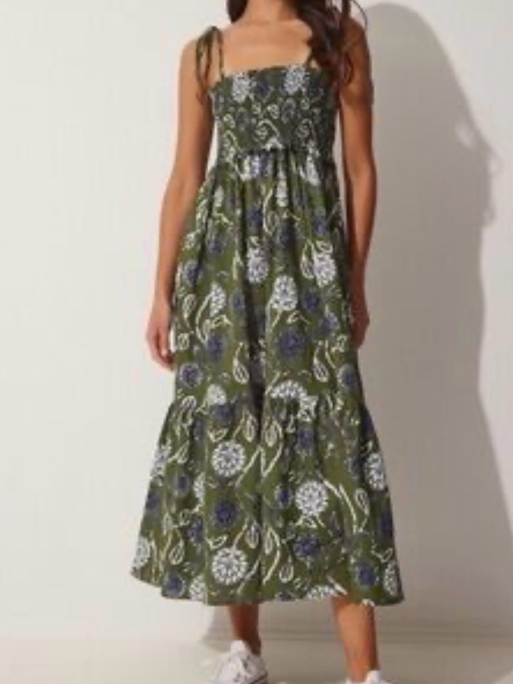 Zara Olive Green Floral Tie-Shoulder Maxi Dress